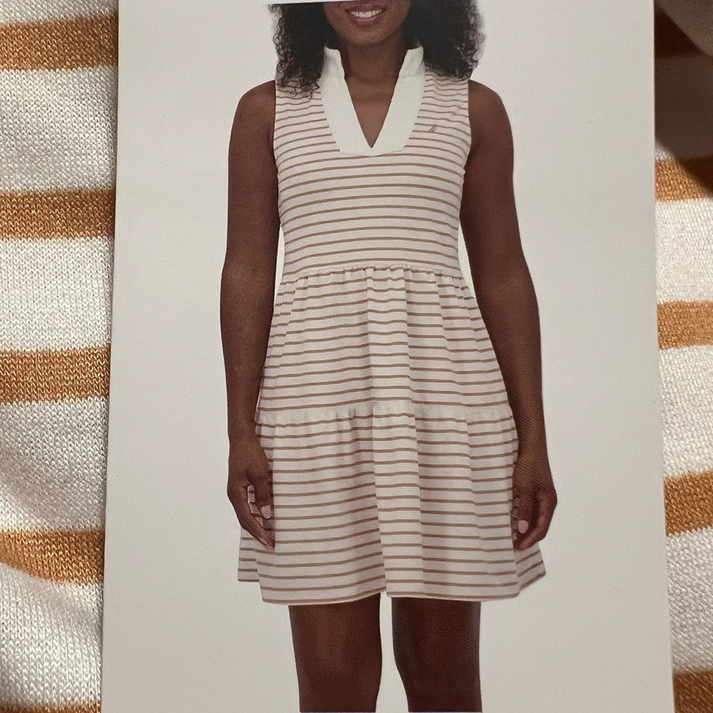 NWT Nautica Jeans Women's Tiered Dress summer fall spring Almond Ivory strips‎